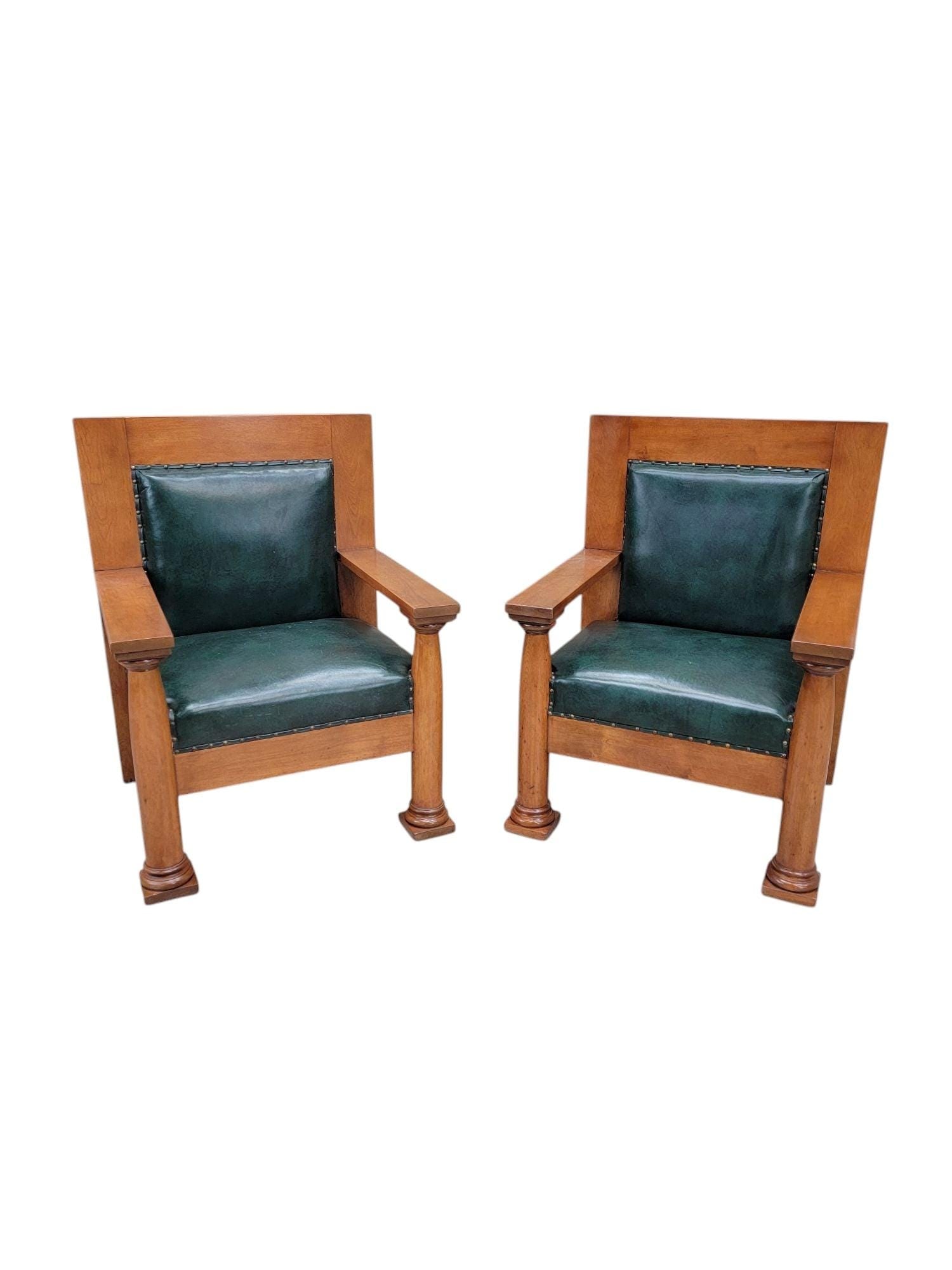 Antique Mission Arts & Crafts Style Chairs - Pair: Title: Antique Mission Arts & Crafts Style Chairs - Pair Description: Antique Neoclassical Mission Arts & Crafts Style Chairs in Original Hunter Green Leather - Pair This exquisite pair of 19th