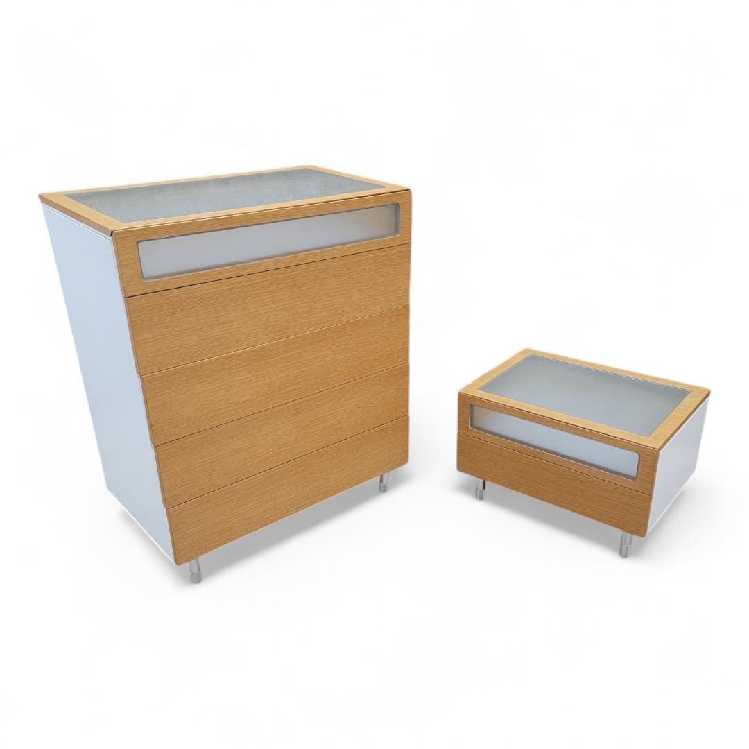 Postmodern Italian Frosted Glass Dresser with Side Chest: Title: Postmodern Italian Frosted Glass Dresser with Side Chest Description: Vintage Postmodern Italian Light Wood & Frosted Glass 5 Drawer Dresser with 2 Drawer Low Profile Side Chest This vintage