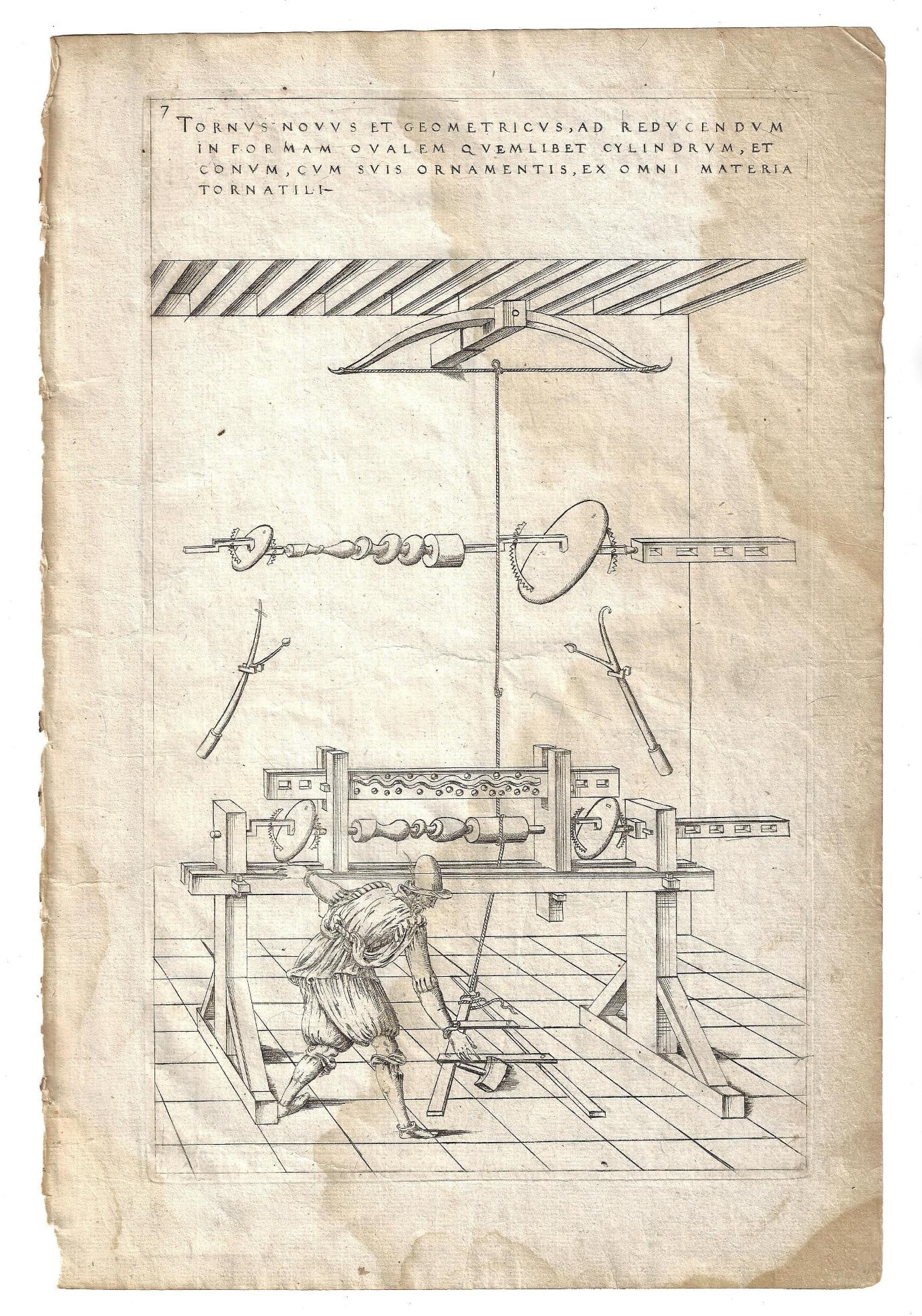 1578 Engraving Besson Theatrum Instramentorum: Title: 1578 Engraving Besson Theatrum Instramentorum Additional Information: A rare engraving from "Theatrum Instrumentorum Et Machinarum…", by Jacobi Bessoni, printed at Lyon from the 1587