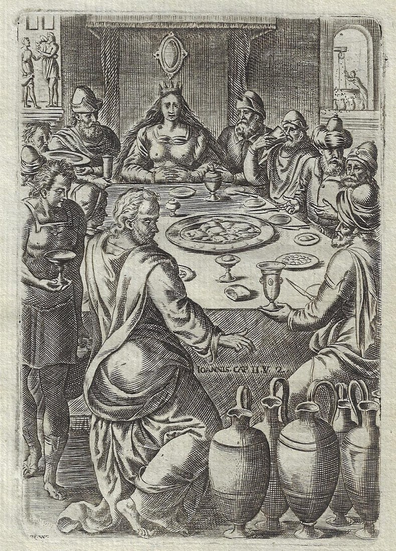1660 Engraving The Wedding at Cana: Title: 1660 Engraving The Wedding at Cana Additional Information: An engraving of The Wedding at Cana depicting a scene from the Book of John. The initials H W for Hieronymus Wierix (1553-1619).