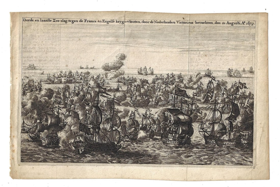 1676 Naval Battle Dutch French Engraving: Title: 1676 Naval Battle Dutch French Engraving Additional Information: A fine engraving attributed to Marcus Willemsz Doornick and Bastiaan Stoopendael, of a naval battle between the Dutch and the