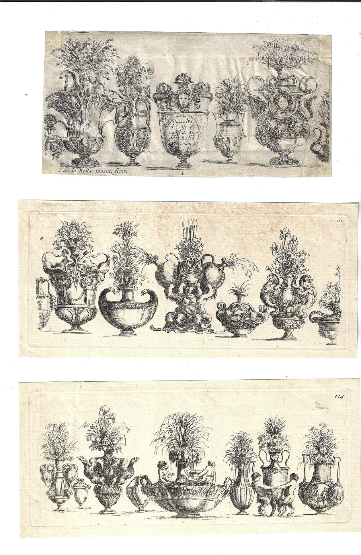 Stefano Della Bella Three Engravings Vases: Title: Stefano Della Bella Three Engravings Vases Additional Information: Three engravings by/after Stefano Della Bella (1610-1664), Italian artist from his series "Raccolta di Vasi diversi". Plate 1