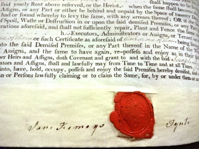 1798 English Vellim Indenture Red Wax Seals: Title: 1798 English Vellim Indenture Red Wax Seals Additional Information: A large English vellum indenture partially printed in 1798 being the lease of property in the county of Somerset between