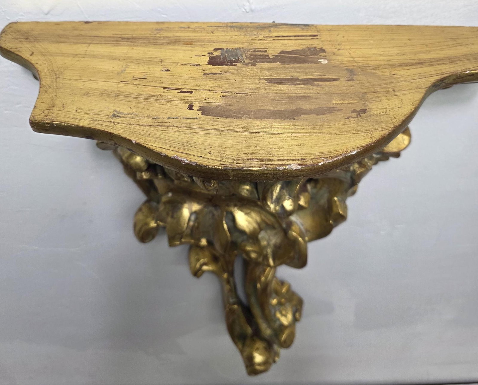 Antique Rococo Revival Giltwood Wall Bracket Shelf, Carved Gold Leaf Scroll & Acanthus, Ornate - 4