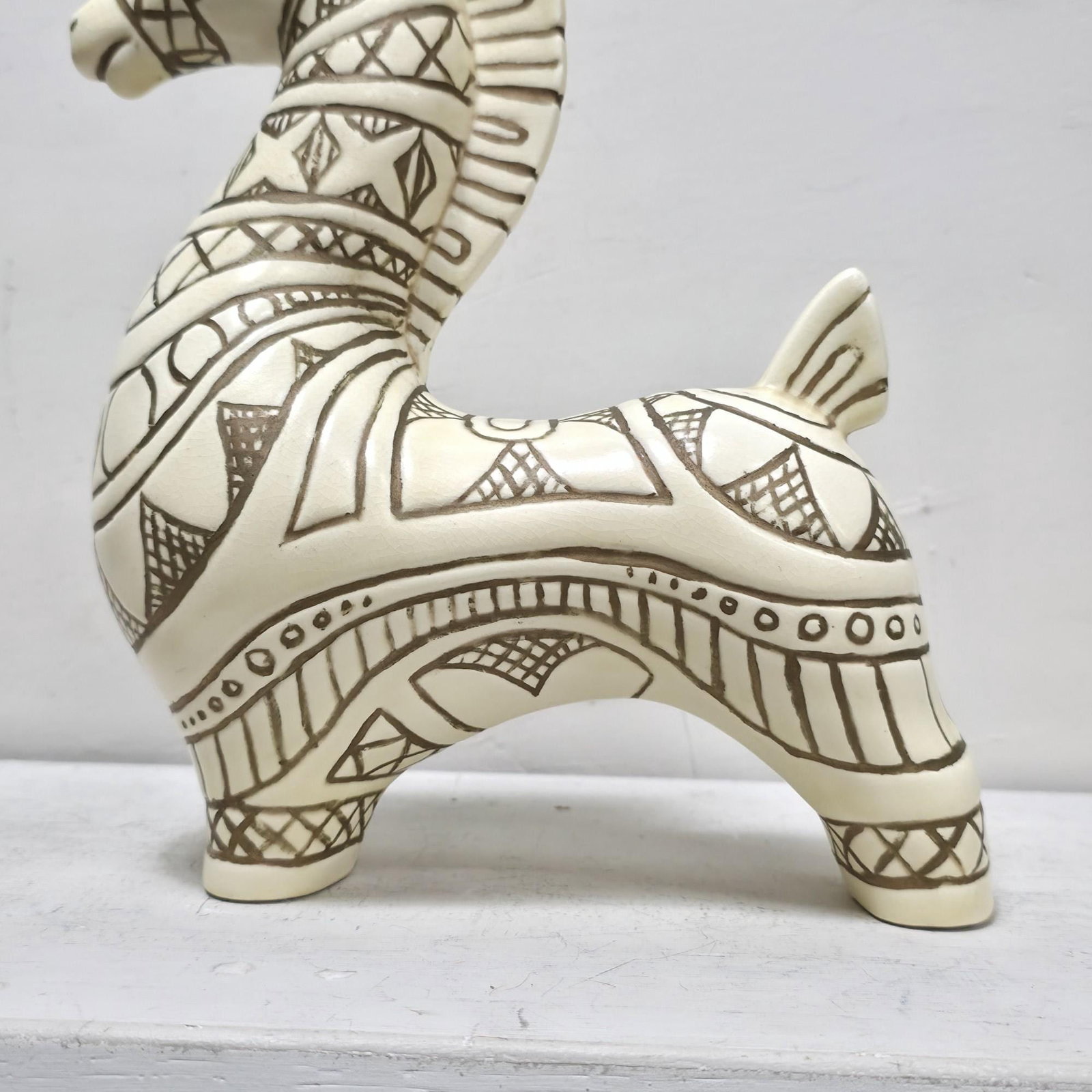 Vintage Ceramic Horse Figurine, Cream & Brown Incised Sgraffito Style, Boho Moroccan Inspired, - 3