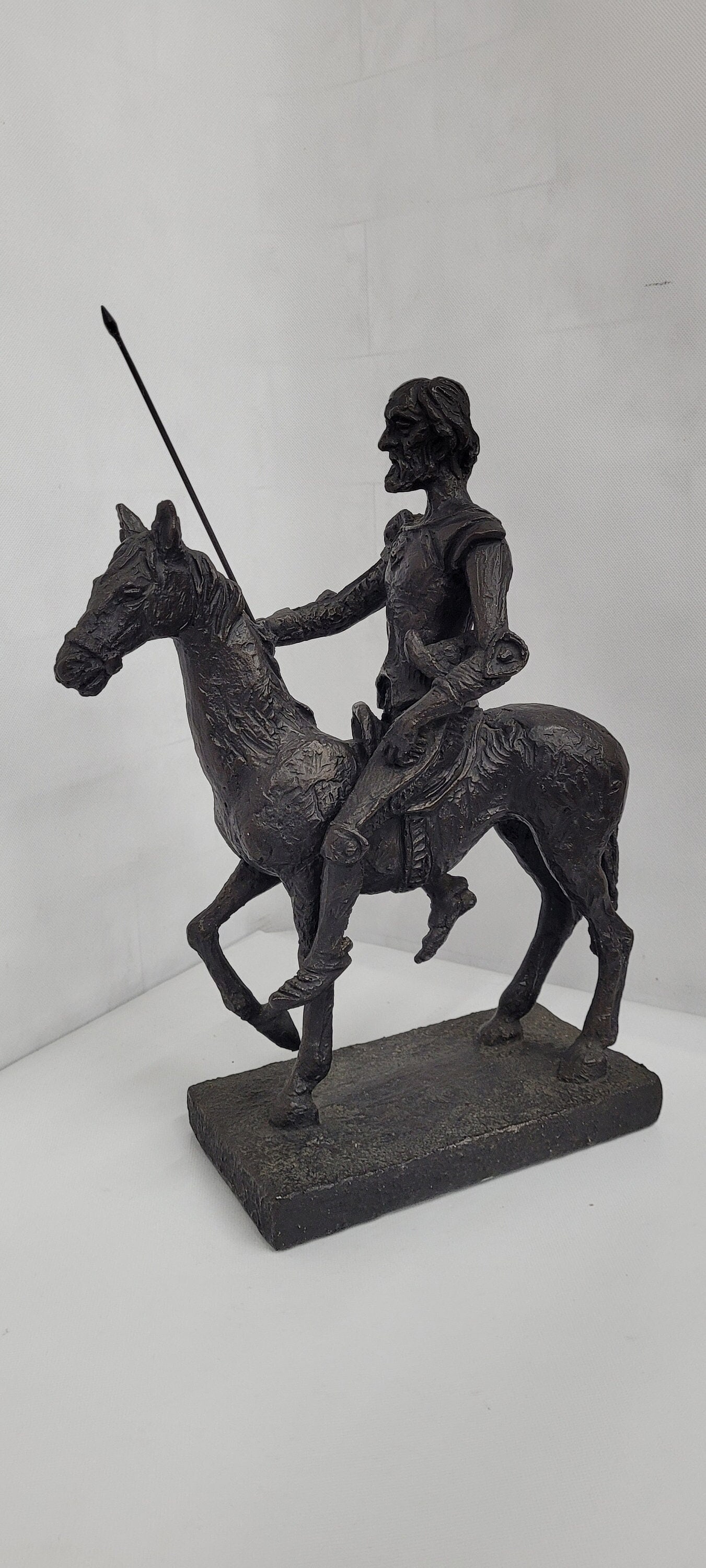 Vintage Don Quixote on horse sculpture Austin productions chalkware Bronze Tone Statue 16" - 2