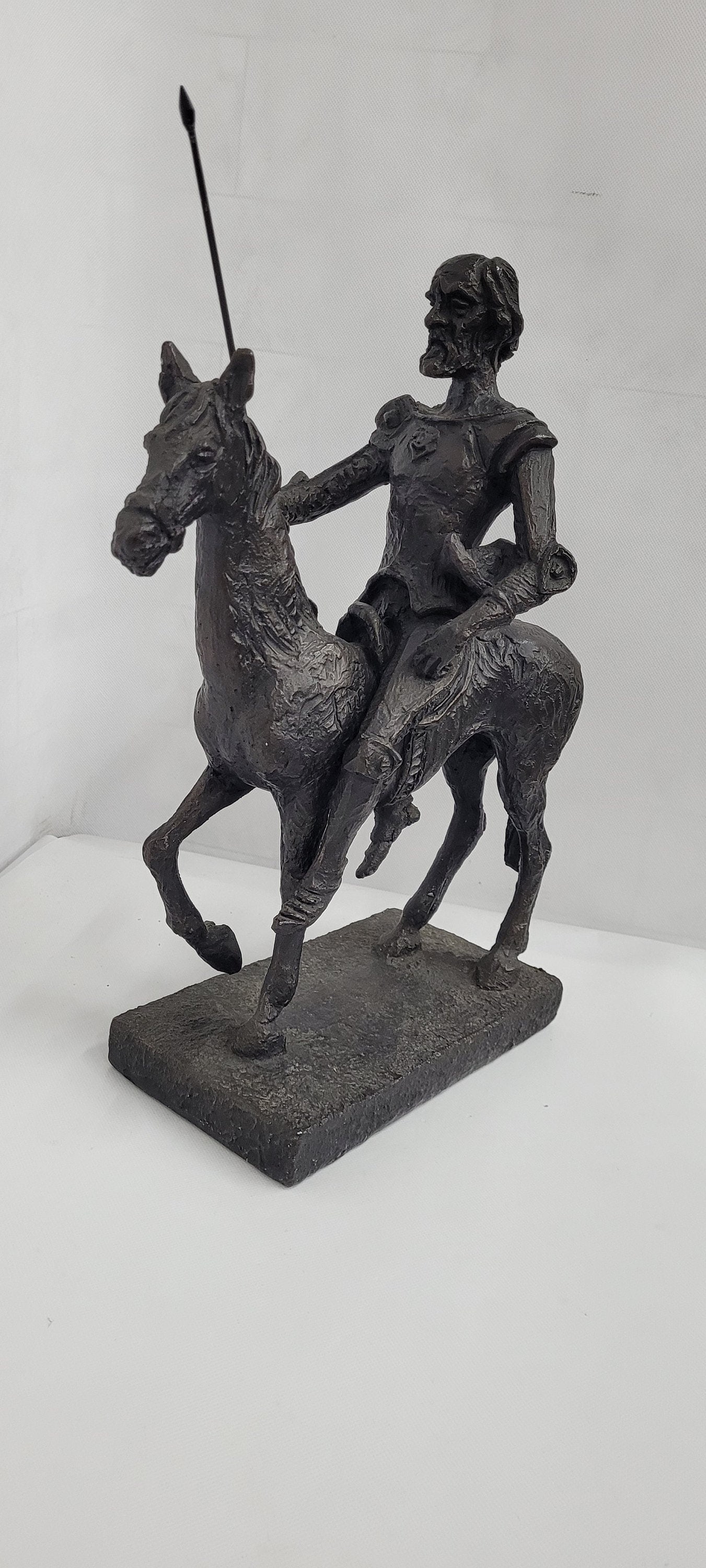 Vintage Don Quixote on horse sculpture Austin productions chalkware Bronze Tone Statue 16" - 4