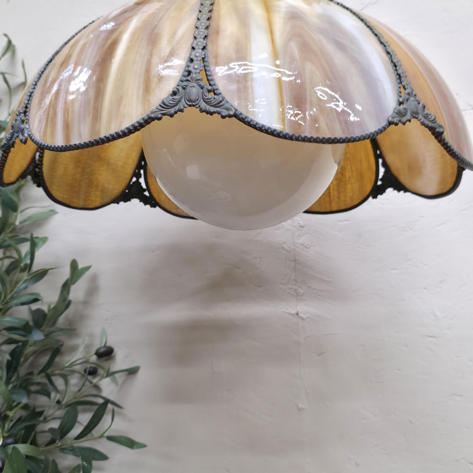 Vintage Caramel Slag Glass Swag Lamp Lotus Tulip Plug-Into Wall, Newly Rewired, Pendant Light: Title: Vintage Caramel Slag Glass Swag Lamp Lotus Tulip Plug-Into Wall, Newly Rewired, Pendant Light Ornate, 17"W Description: Vintage from the 1970s Materials: Glass, metal Width: 17 inches Height: 1