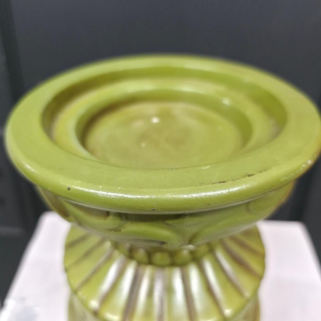 Vintage Olive Green Ceramic Pedestal Candle Holder Riser Display Made in Japan - 2