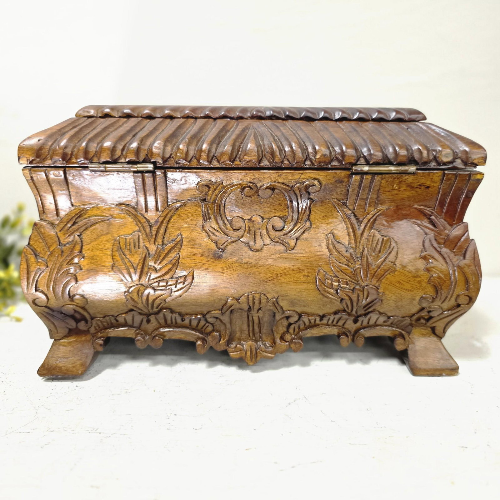 Hand Carved Wood Casket Box, Footed Hinged Keepsake/Jewelry Box, Victorian Revival Black Forest - 2