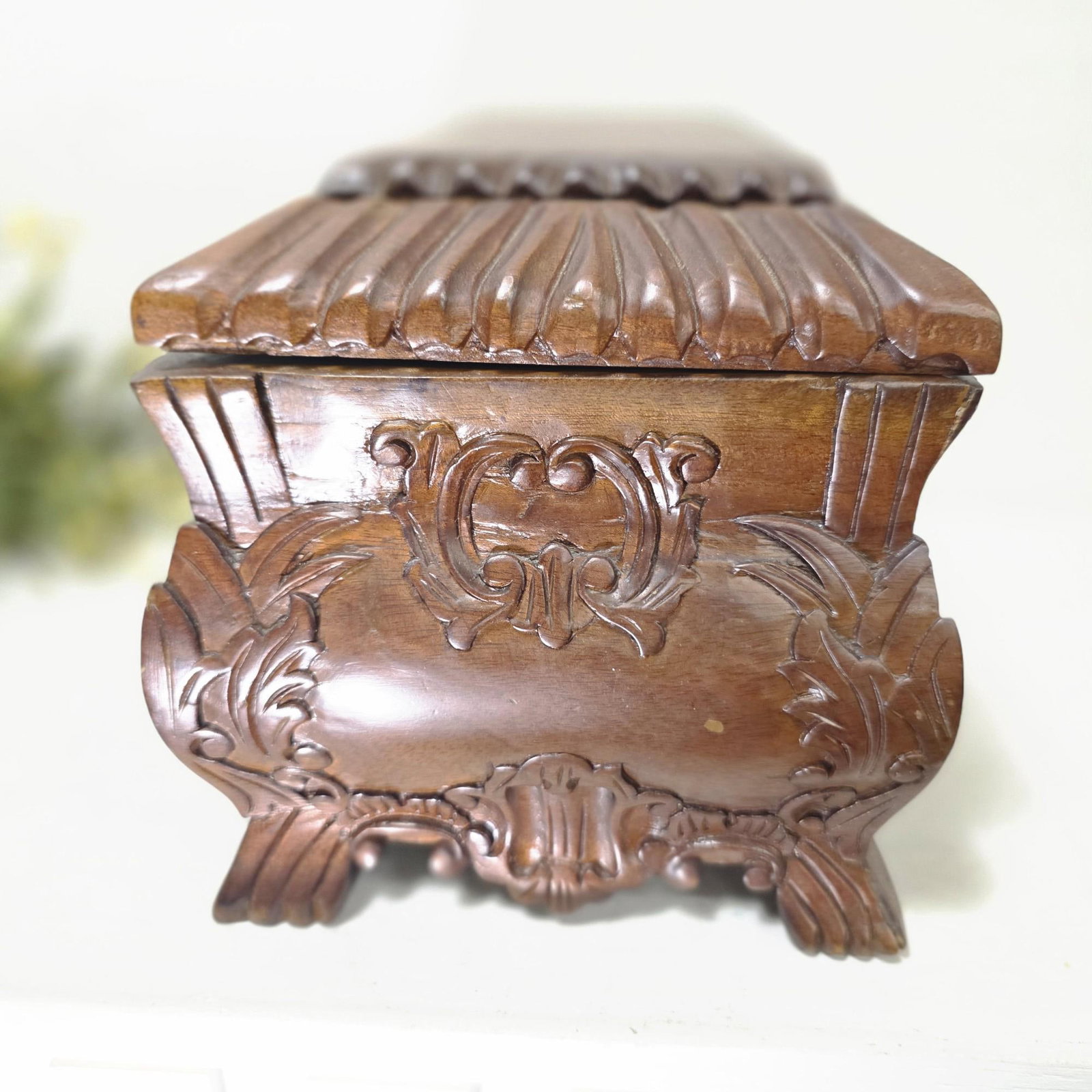 Hand Carved Wood Casket Box, Footed Hinged Keepsake/Jewelry Box, Victorian Revival Black Forest - 3