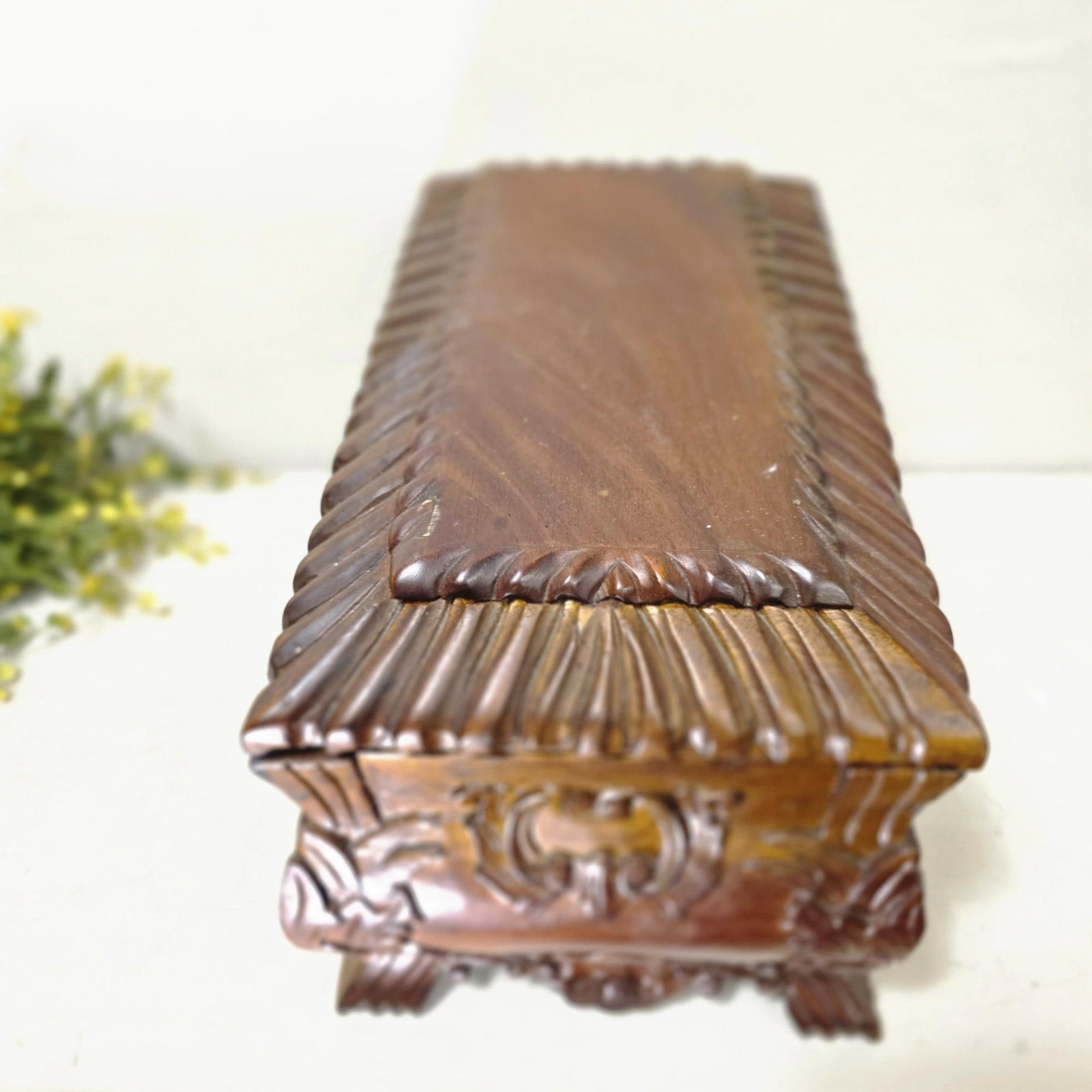 Hand Carved Wood Casket Box, Footed Hinged Keepsake/Jewelry Box, Victorian Revival Black Forest - 4