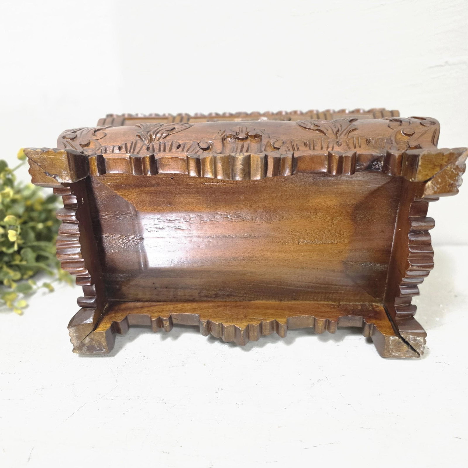 Hand Carved Wood Casket Box, Footed Hinged Keepsake/Jewelry Box, Victorian Revival Black Forest - 6