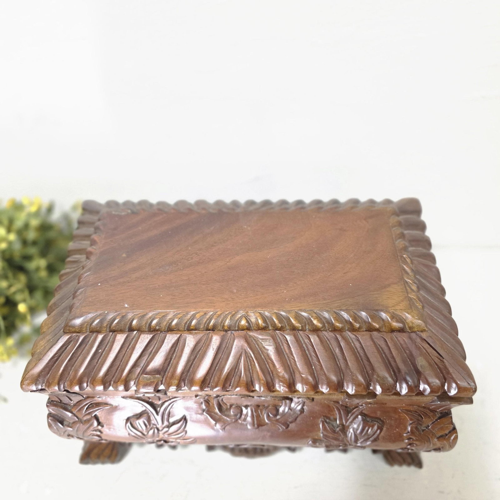 Hand Carved Wood Casket Box, Footed Hinged Keepsake/Jewelry Box, Victorian Revival Black Forest - 7