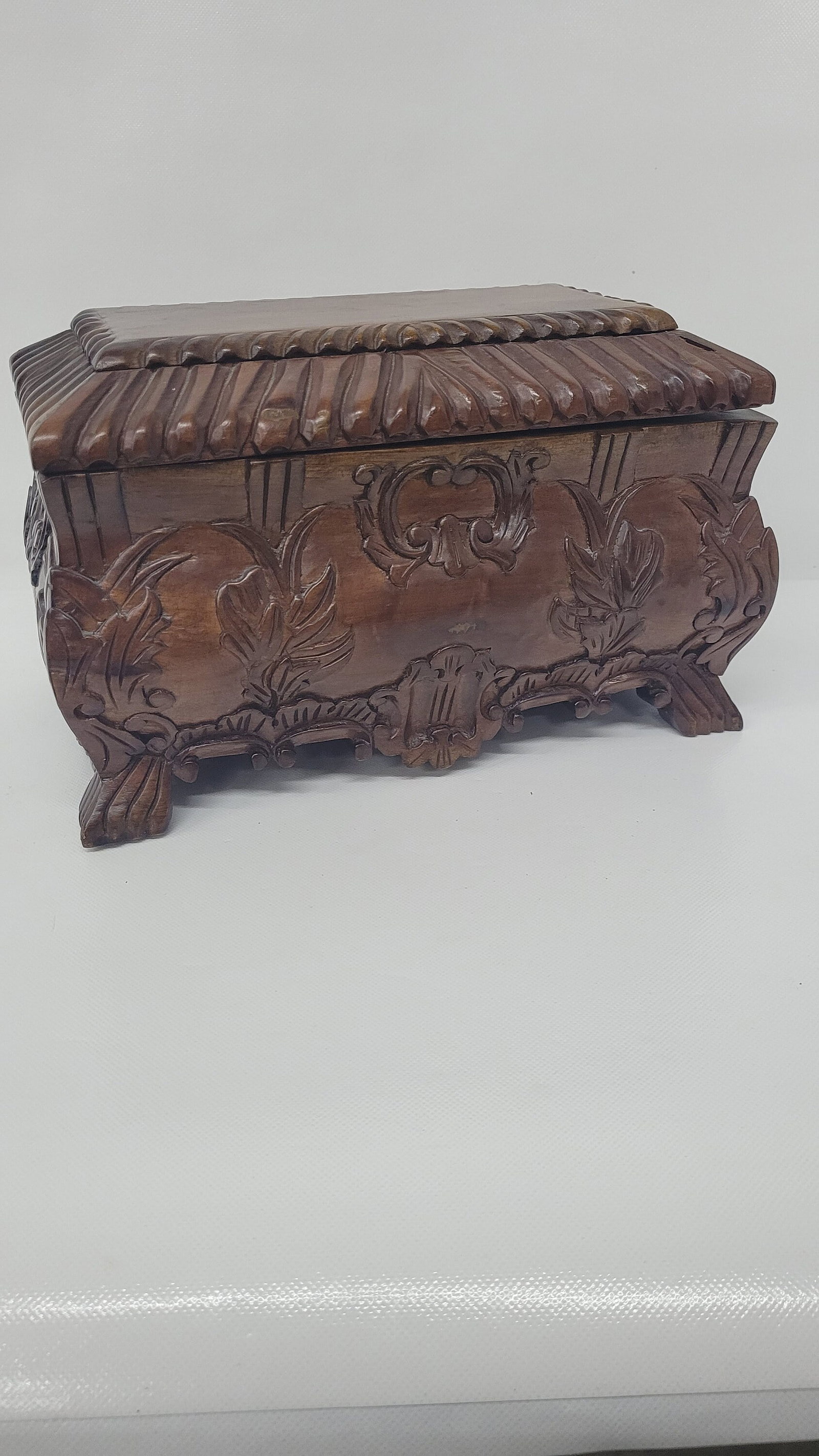 Hand Carved Wood Casket Box, Footed Hinged Keepsake/Jewelry Box, Victorian Revival Black Forest - 8