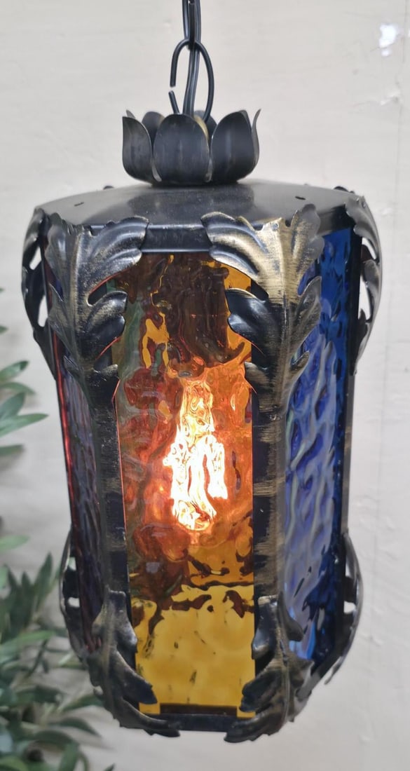 Gothic Swag Lamp Stained Glass Lantern Vintage Plug Into Wall, Blue Amber Purple Textured Glass - 2