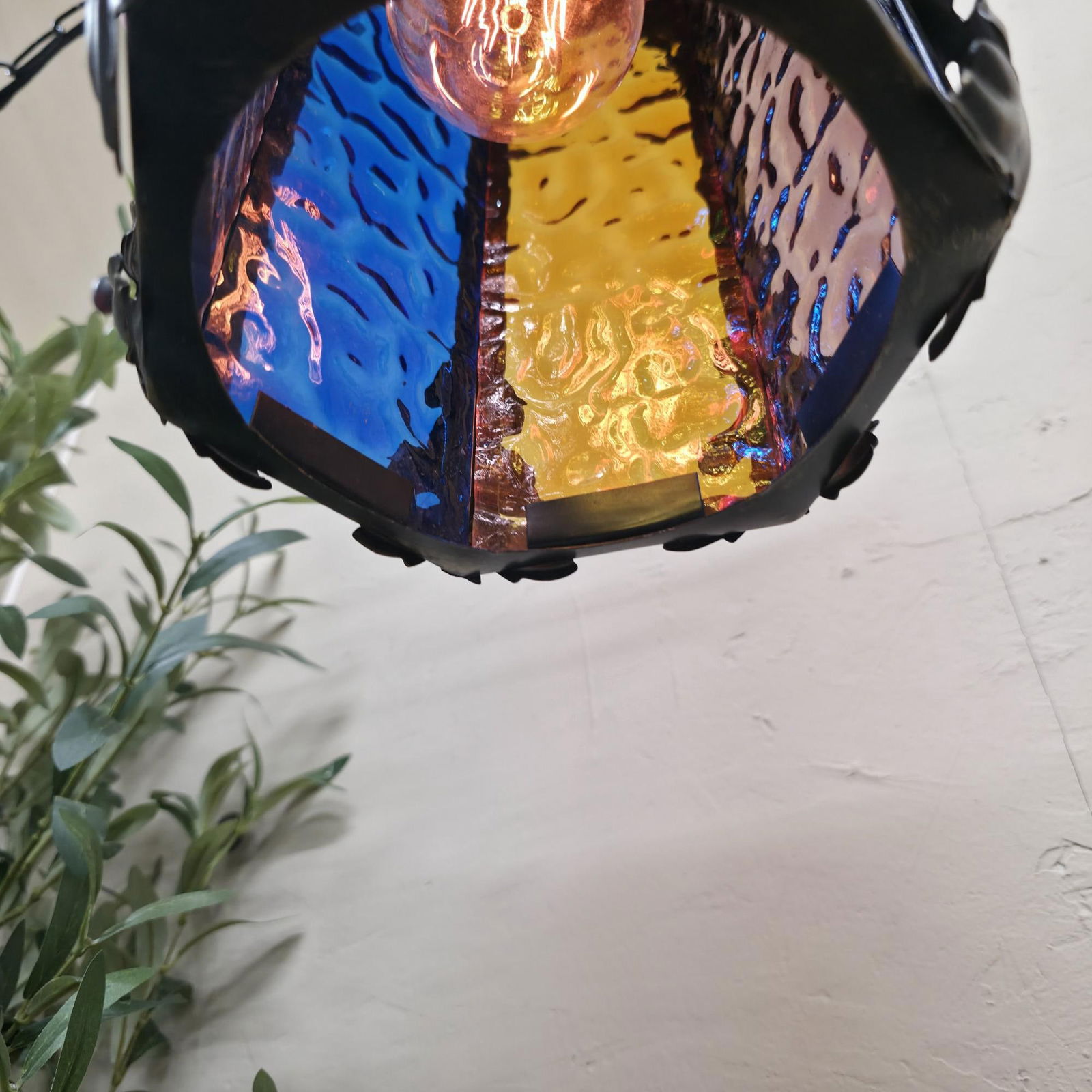 Gothic Swag Lamp Stained Glass Lantern Vintage Plug Into Wall, Blue Amber Purple Textured Glass - 3