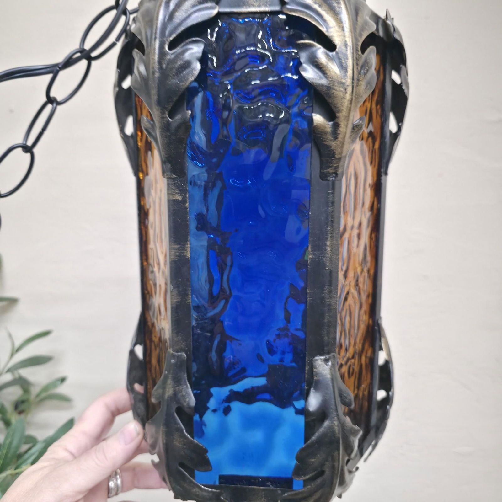 Gothic Swag Lamp Stained Glass Lantern Vintage Plug Into Wall, Blue Amber Purple Textured Glass - 4