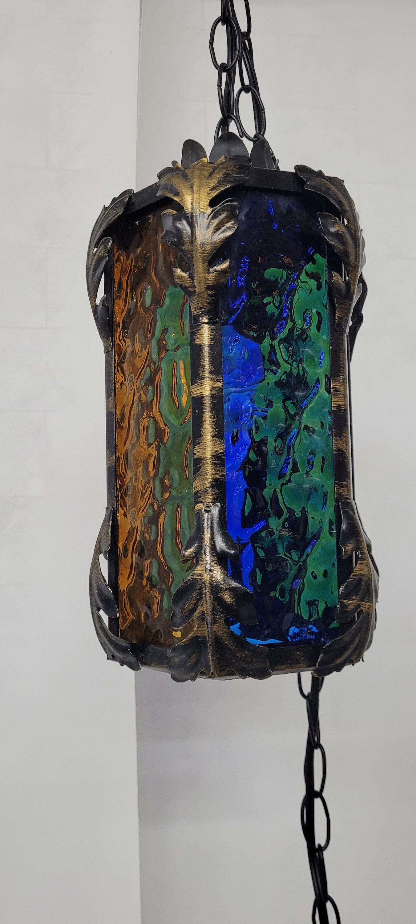 Gothic Swag Lamp Stained Glass Lantern Vintage Plug Into Wall, Blue Amber Purple Textured Glass - 6