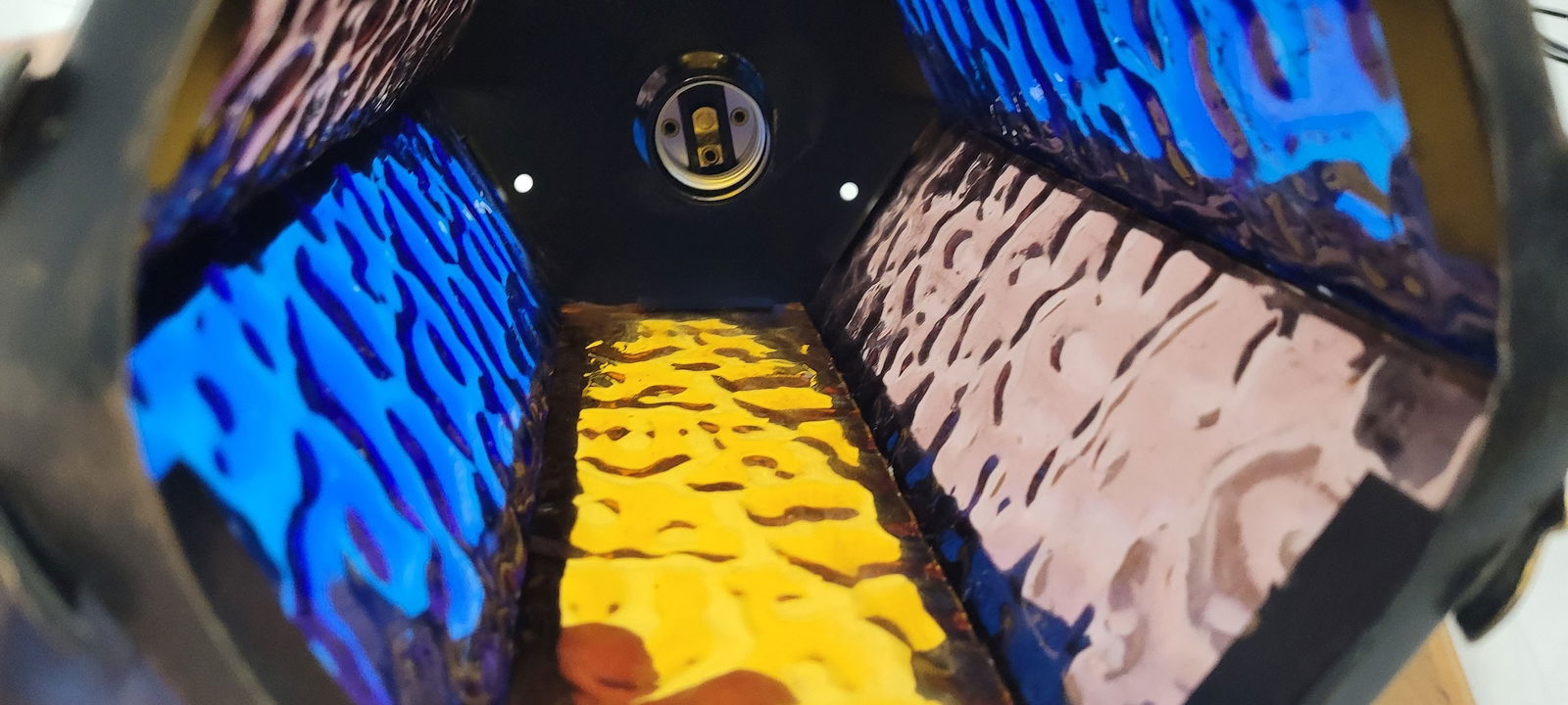 Gothic Swag Lamp Stained Glass Lantern Vintage Plug Into Wall, Blue Amber Purple Textured Glass - 7