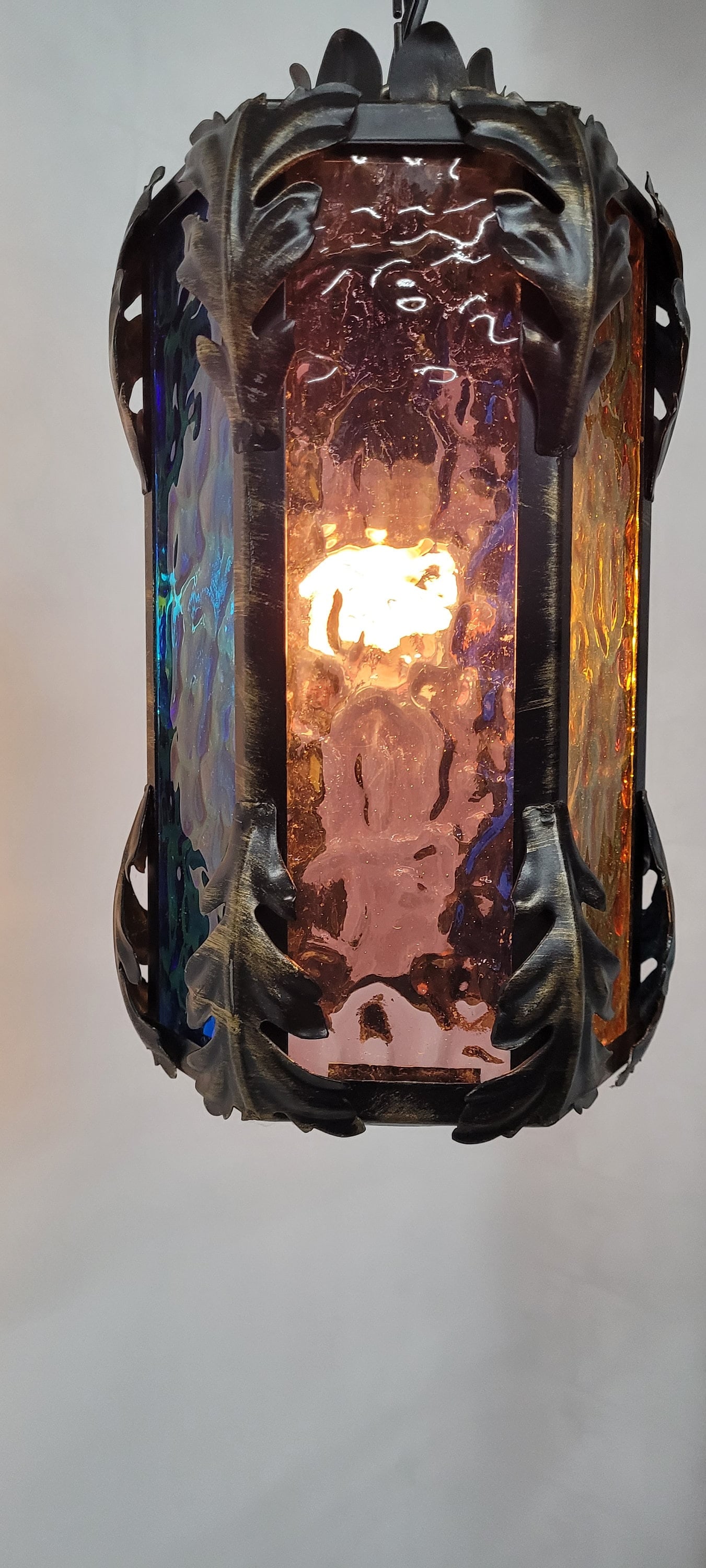 Gothic Swag Lamp Stained Glass Lantern Vintage Plug Into Wall, Blue Amber Purple Textured Glass - 8