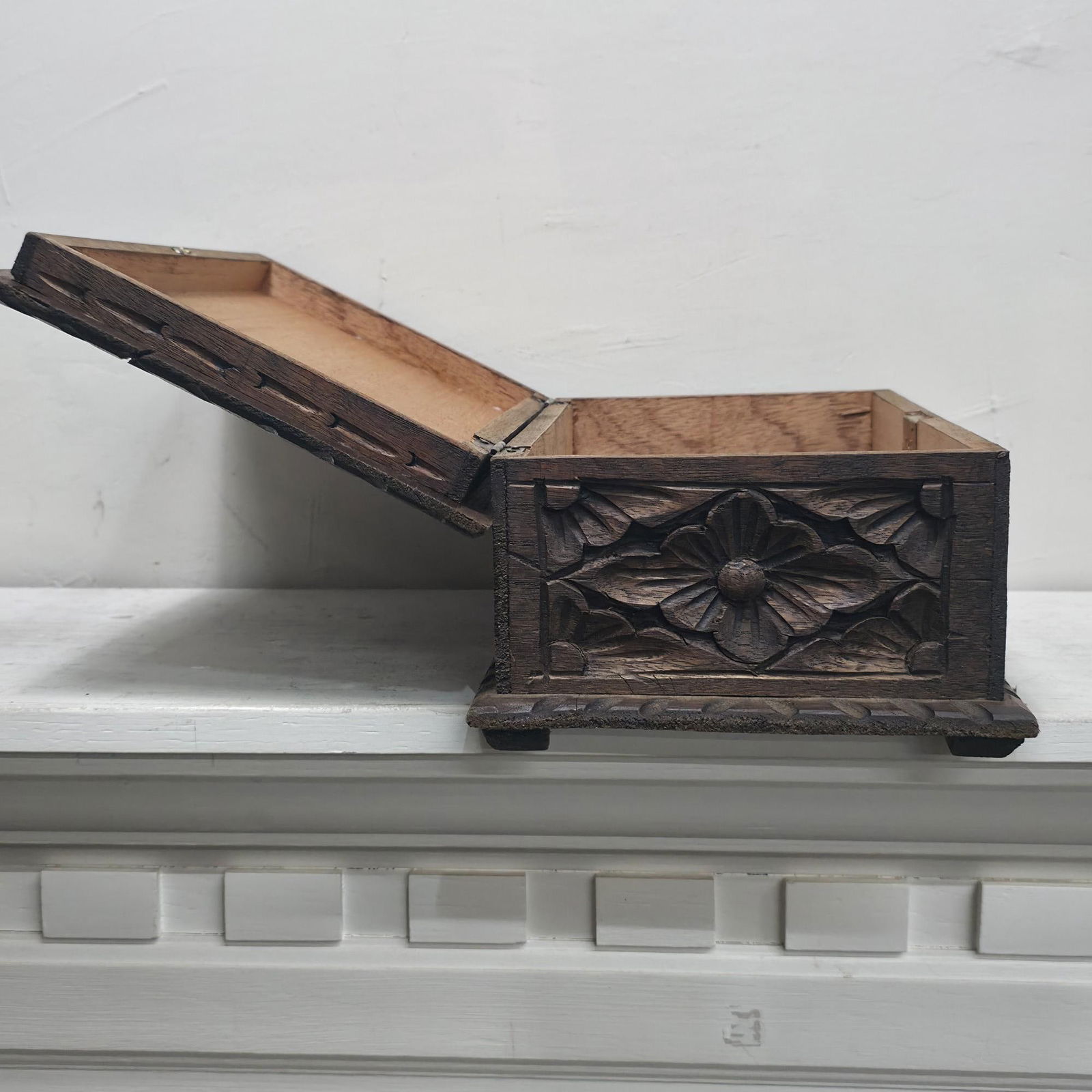 Vintage Hand Carved Wooden Box, Floral Relief Keepsake Casket, Boho Global Decor Trinket Storage, - 2