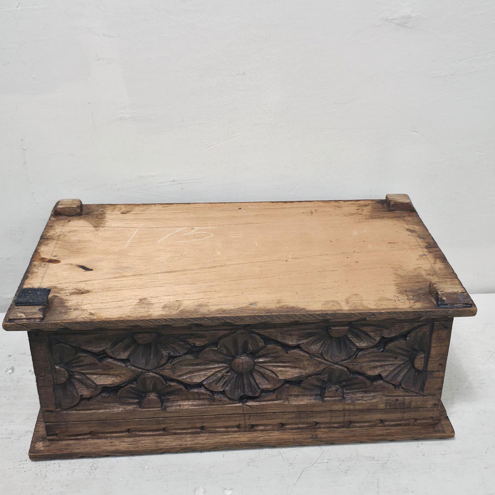 Vintage Hand Carved Wooden Box, Floral Relief Keepsake Casket, Boho Global Decor Trinket Storage, - 4