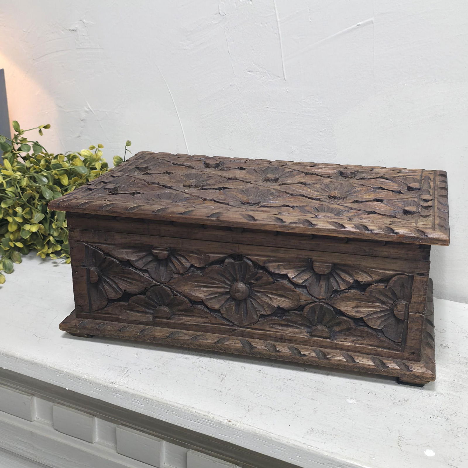 Vintage Hand Carved Wooden Box, Floral Relief Keepsake Casket, Boho Global Decor Trinket Storage, - 6