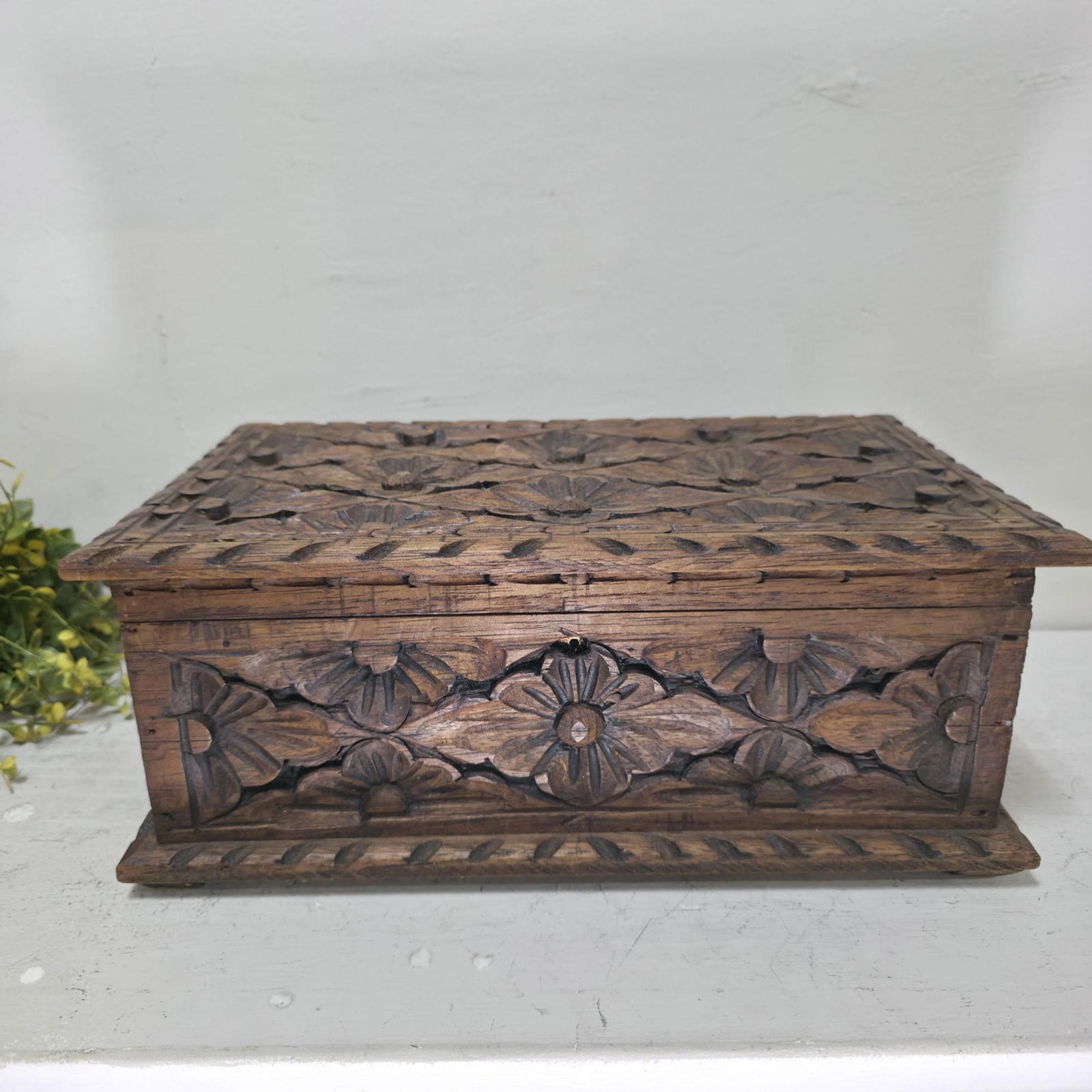 Vintage Hand Carved Wooden Box, Floral Relief Keepsake Casket, Boho Global Decor Trinket Storage, - 7