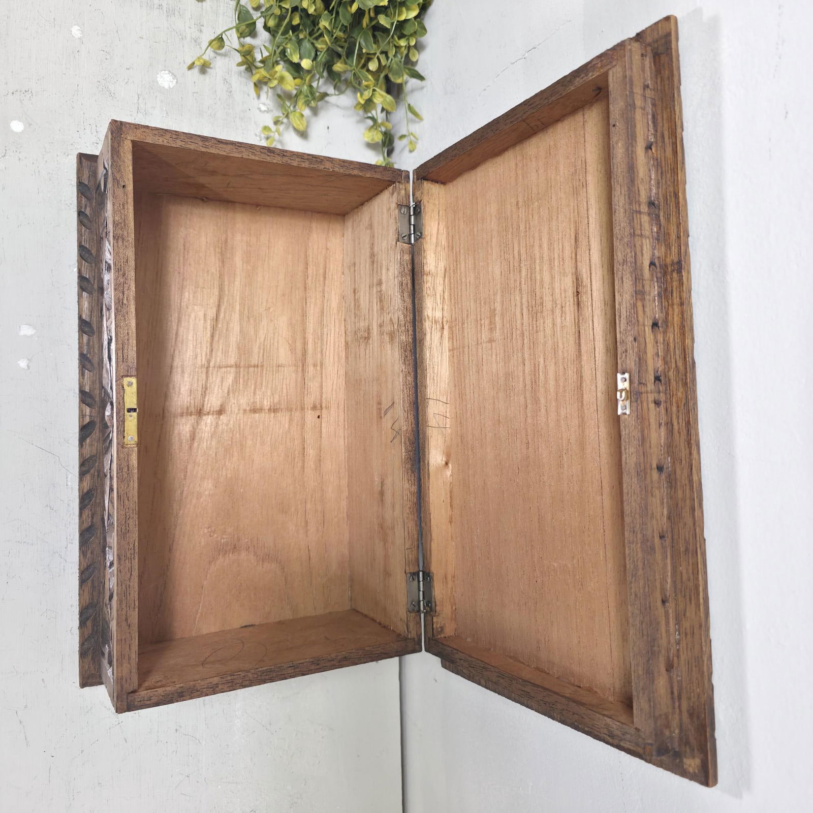 Vintage Hand Carved Wooden Box, Floral Relief Keepsake Casket, Boho Global Decor Trinket Storage, - 8