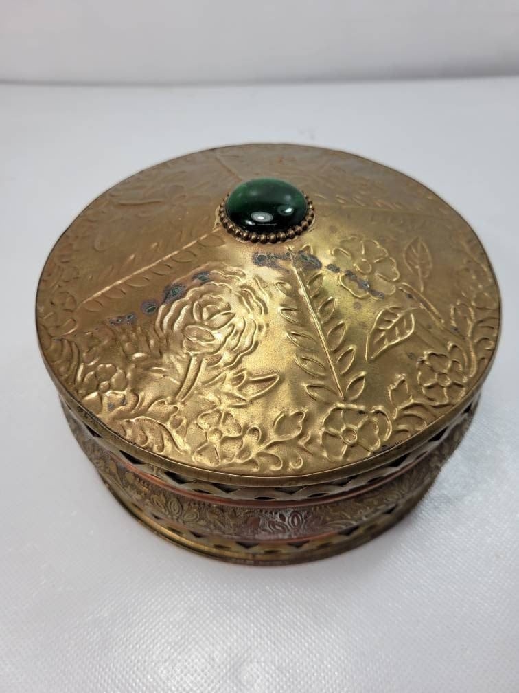 Vintage Brass Trinket Box w Lid, Domed Floral Repoussé, Green Cabochon Knob, Pierced Openwork,: Title: Vintage Brass Trinket Box w Lid, Domed Floral Repoussé, Green Cabochon Knob, Pierced Openwork, Hollywood Regency Vanity Decor, 6” Description: Vintage from the 1960s Materials: