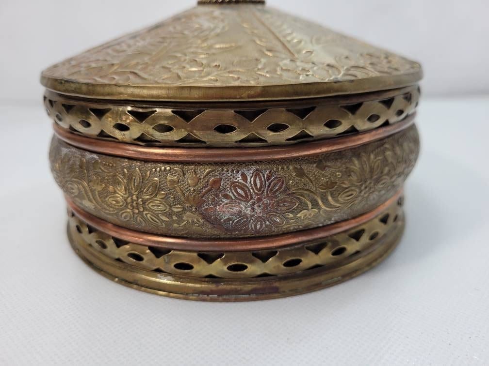Vintage Brass Trinket Box w Lid, Domed Floral Repoussé, Green Cabochon Knob, Pierced Openwork, - 2
