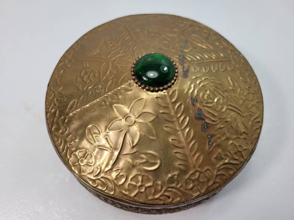 Vintage Brass Trinket Box w Lid, Domed Floral Repoussé, Green Cabochon Knob, Pierced Openwork, - 6
