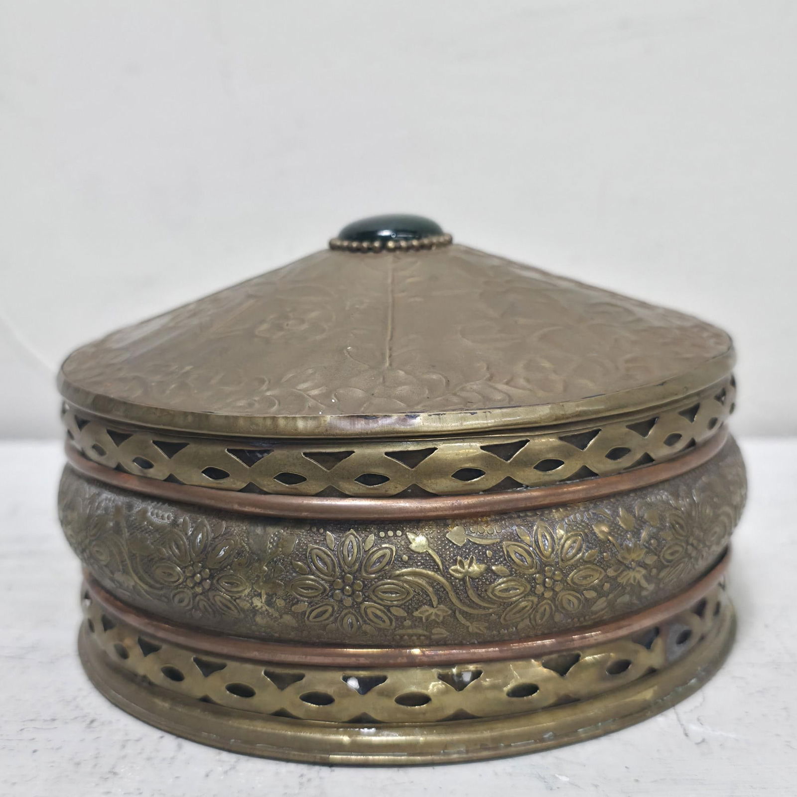 Vintage Brass Trinket Box w Lid, Domed Floral Repoussé, Green Cabochon Knob, Pierced Openwork, - 8