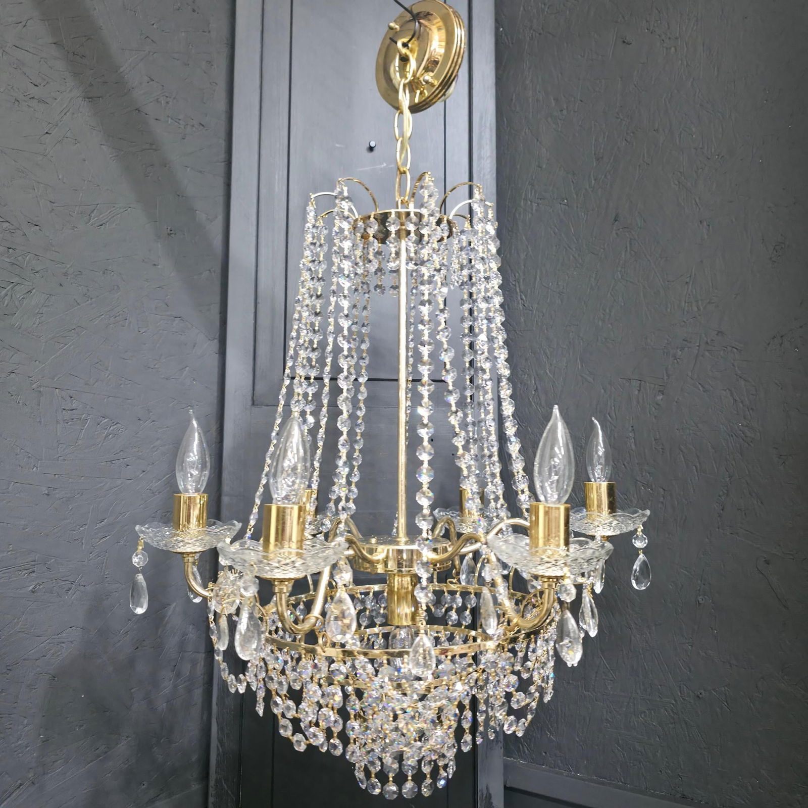 Vintage Brass Crystal Wedding Cake Chandelier 5-Light Waterfall Style Hanging Hollywood Regency (1 of 8)
