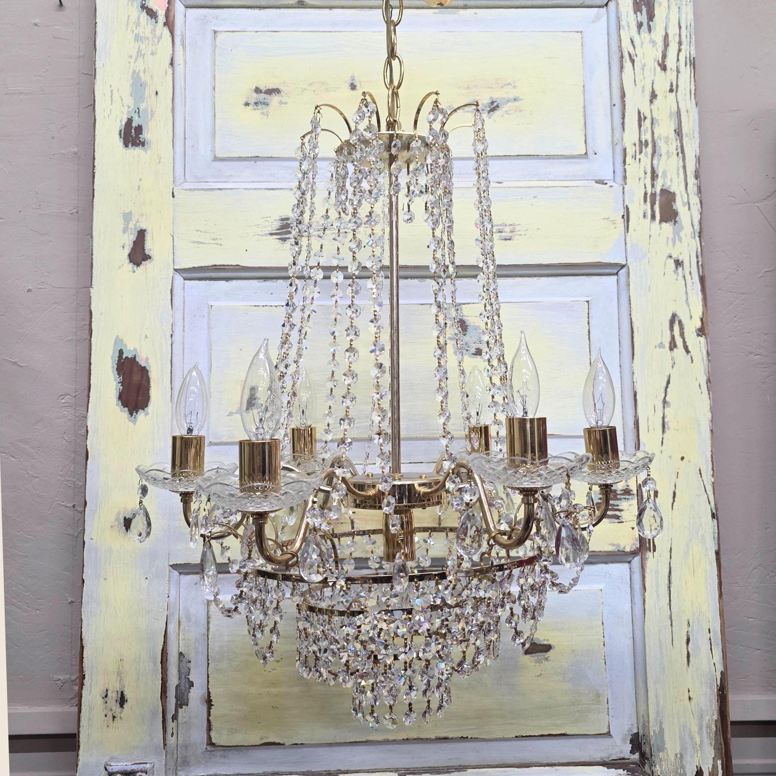 Vintage Brass Crystal Wedding Cake Chandelier 5-Light Waterfall Style Hanging Hollywood Regency - 3