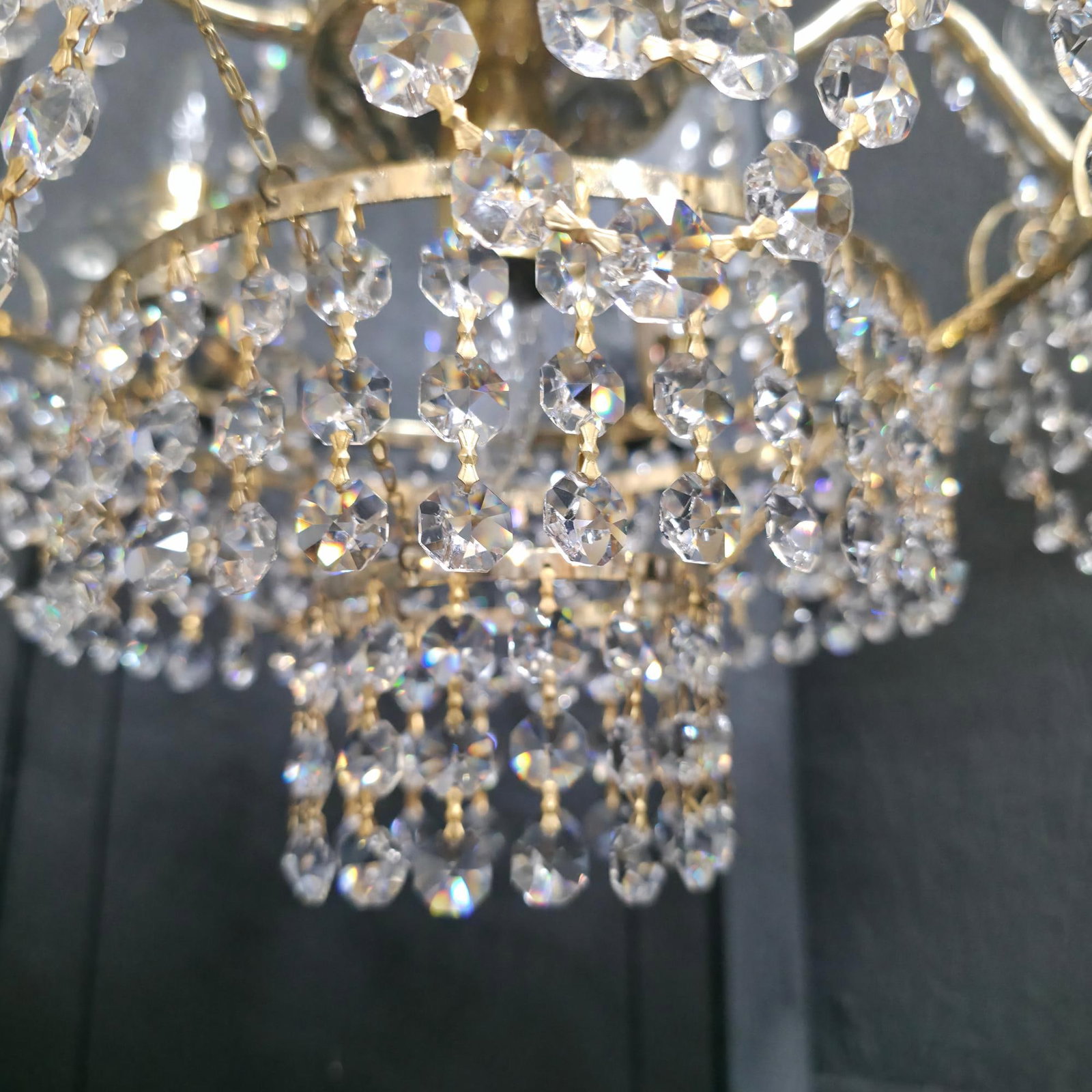 Vintage Brass Crystal Wedding Cake Chandelier 5-Light Waterfall Style Hanging Hollywood Regency - 4