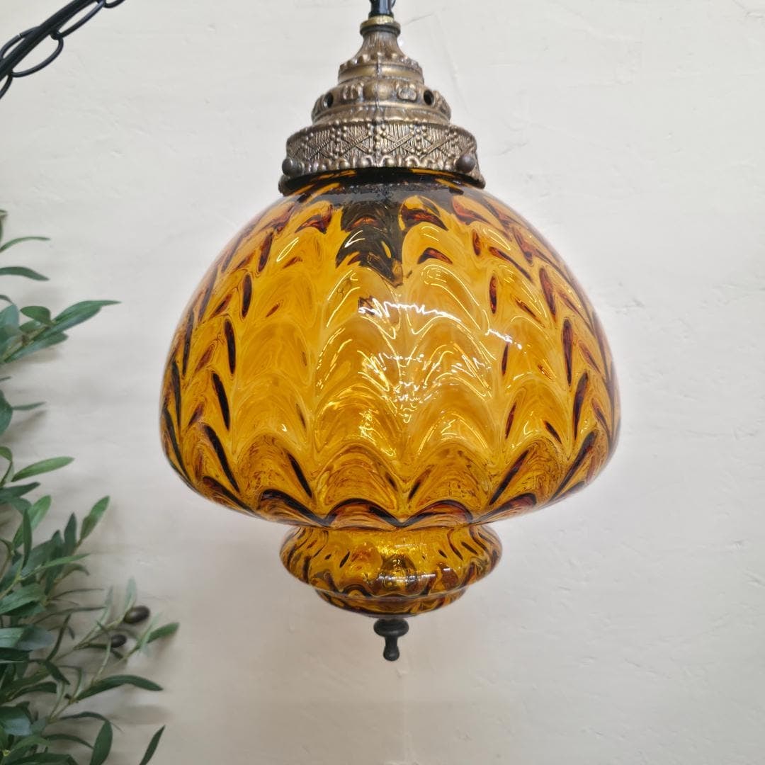 Vintage Gold Swag Lamp Round Pendant Light Plug In Wall Amber Glass Globe Hanging Lighting 15", new (1 of 8)