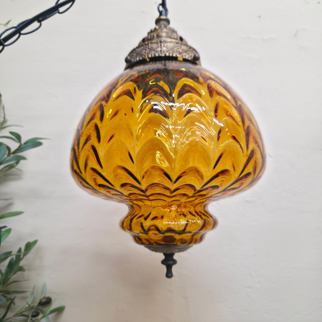 Vintage Gold Swag Lamp Round Pendant Light Plug In Wall Amber Glass Globe Hanging Lighting 15", new - 3