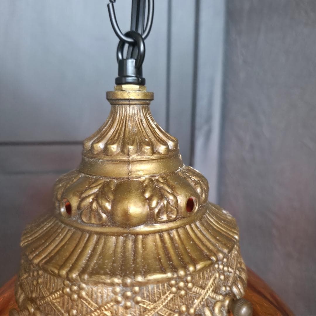 Vintage Gold Swag Lamp Round Pendant Light Plug In Wall Amber Glass Globe Hanging Lighting 15", new - 5