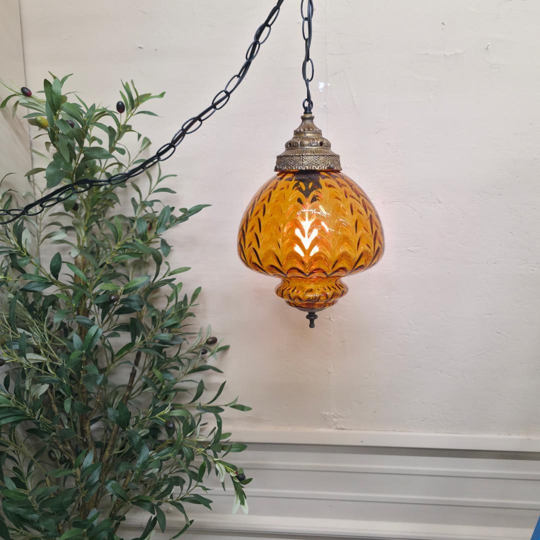 Vintage Gold Swag Lamp Round Pendant Light Plug In Wall Amber Glass Globe Hanging Lighting 15", new - 7