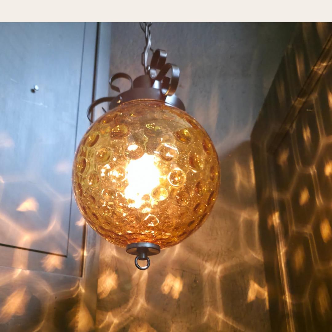 Vintage Amber Hobnail Glass Globe Swag Lamp Plug-In Pendant Light w/ 18 ft cord & chain, New wiring, - 2