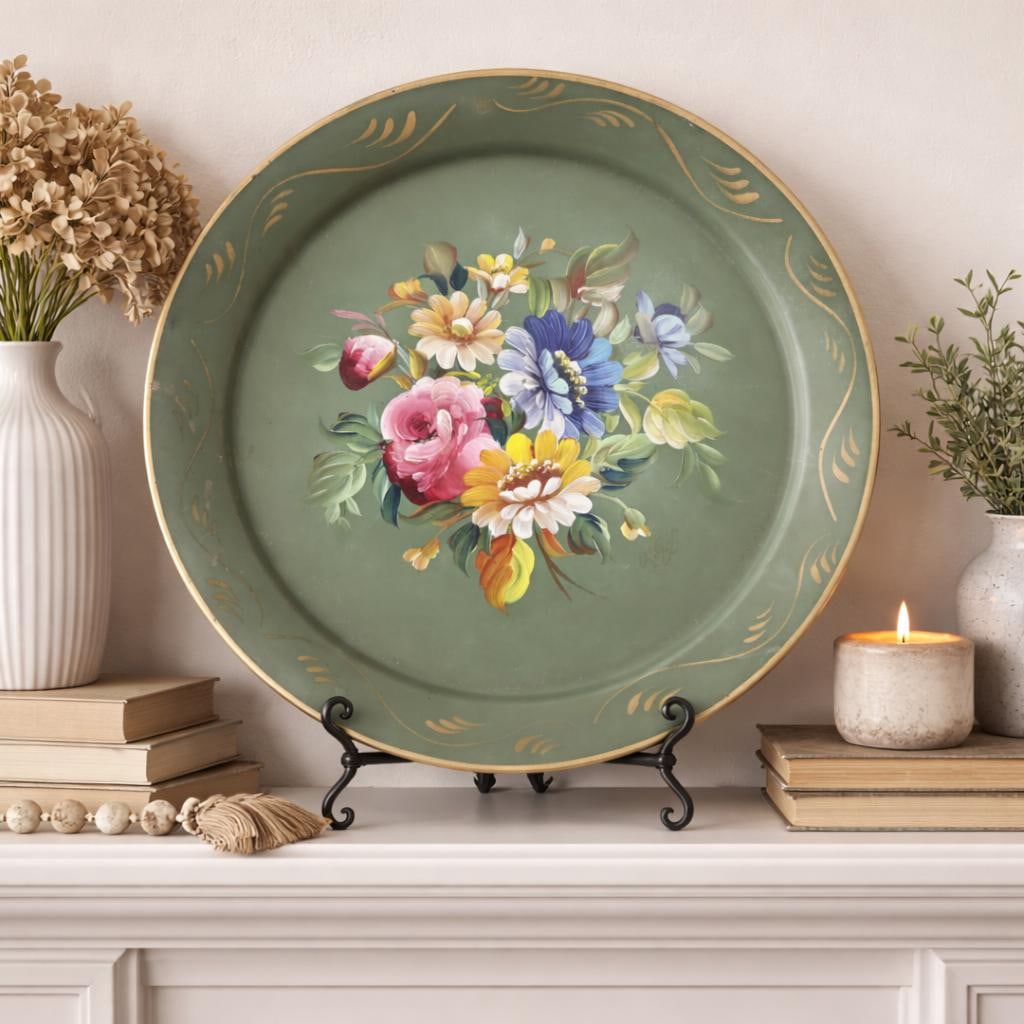 Vintage Italian Tole Tray, 20" round floral metal platter, green hand painted wall decor Cottagecore: Title: Vintage Italian Tole Tray, 20" round floral metal platter, green hand painted wall decor Cottagecore Style Description: Vintage from the 1930s Materials: metal, tole Width: 20 inches Height: 1