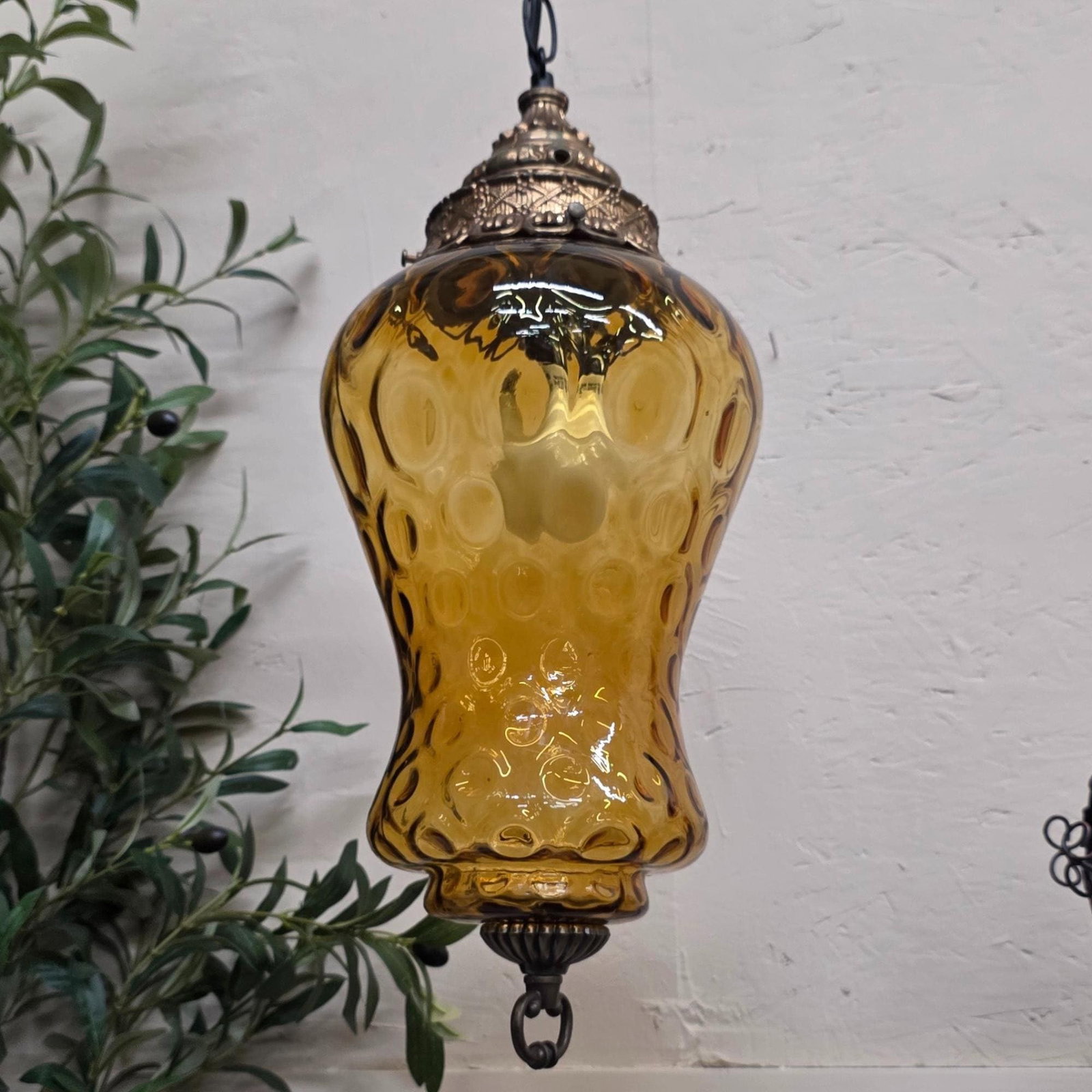 Vintage Gold Swag Lamp Plug in Wall Pendant Light Bubble Optic Hanging 18" - 4