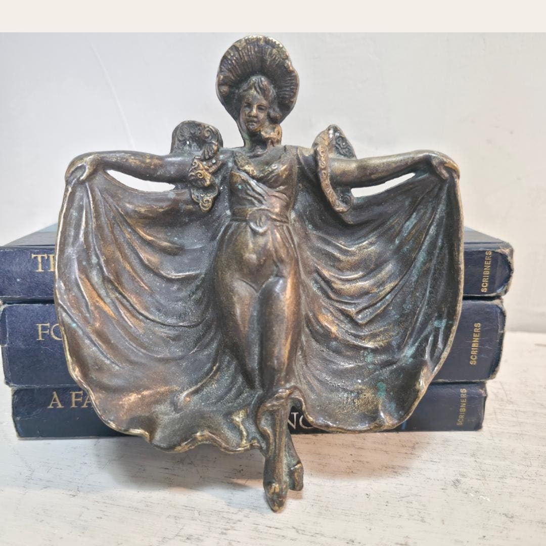 Art Nouveau Bronze Dancer Trinket Dish Figural Vide Poche Vanity Tray Antique Cast Brass Jewelry - 2