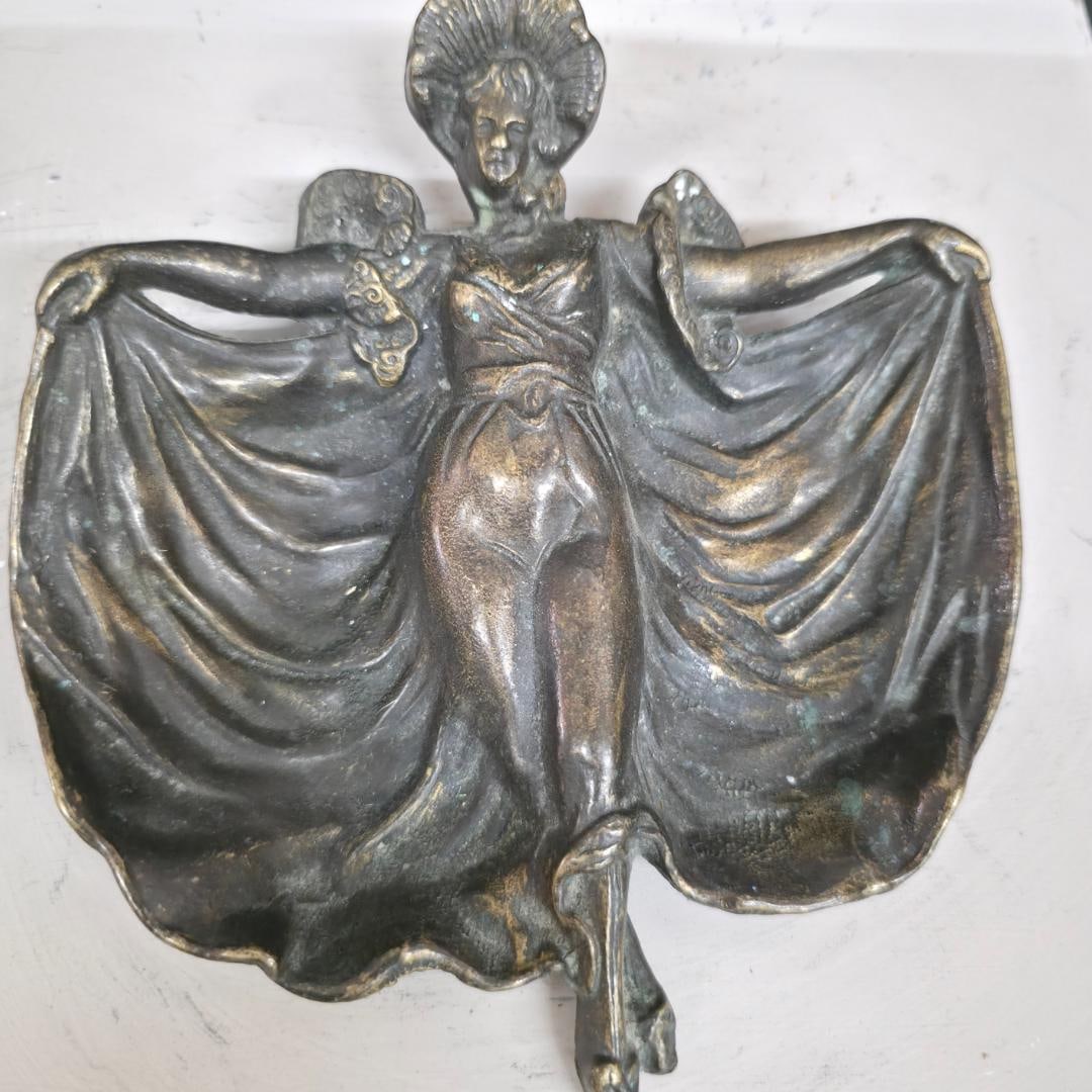 Art Nouveau Bronze Dancer Trinket Dish Figural Vide Poche Vanity Tray Antique Cast Brass Jewelry - 4
