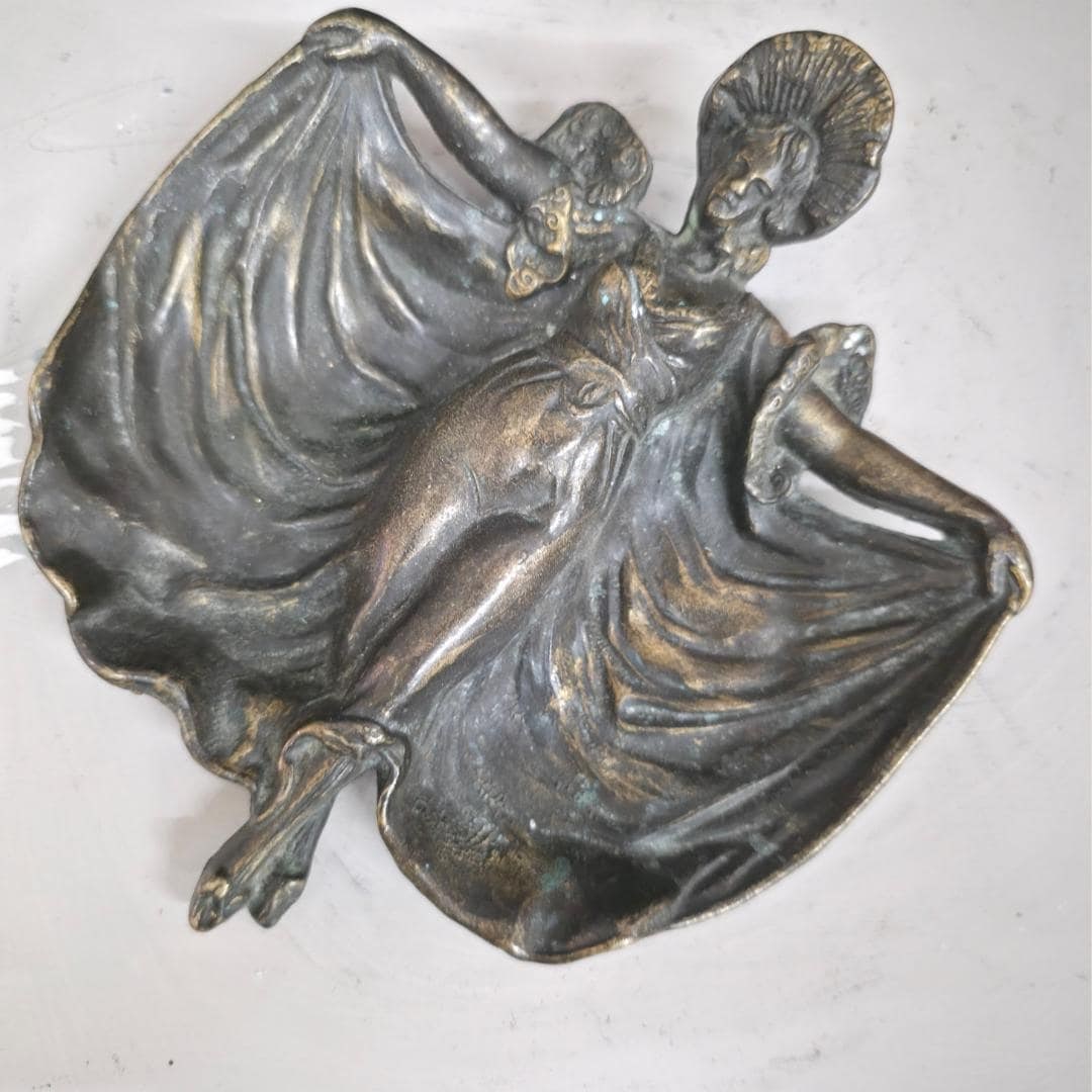 Art Nouveau Bronze Dancer Trinket Dish Figural Vide Poche Vanity Tray Antique Cast Brass Jewelry - 6