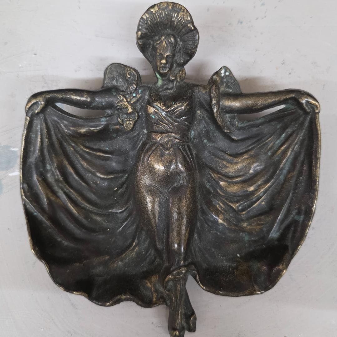 Art Nouveau Bronze Dancer Trinket Dish Figural Vide Poche Vanity Tray Antique Cast Brass Jewelry - 7