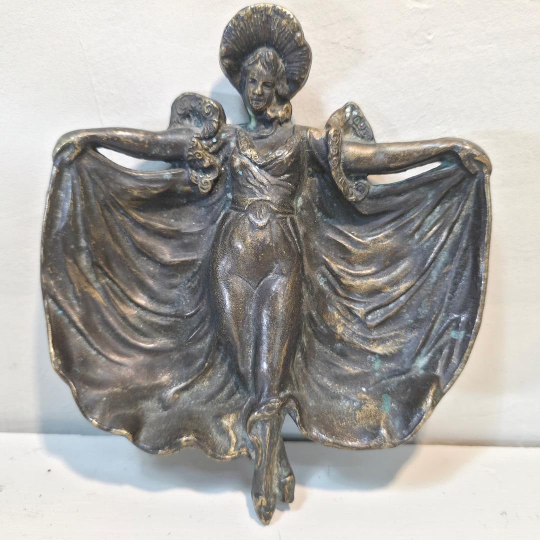 Art Nouveau Bronze Dancer Trinket Dish Figural Vide Poche Vanity Tray Antique Cast Brass Jewelry - 8