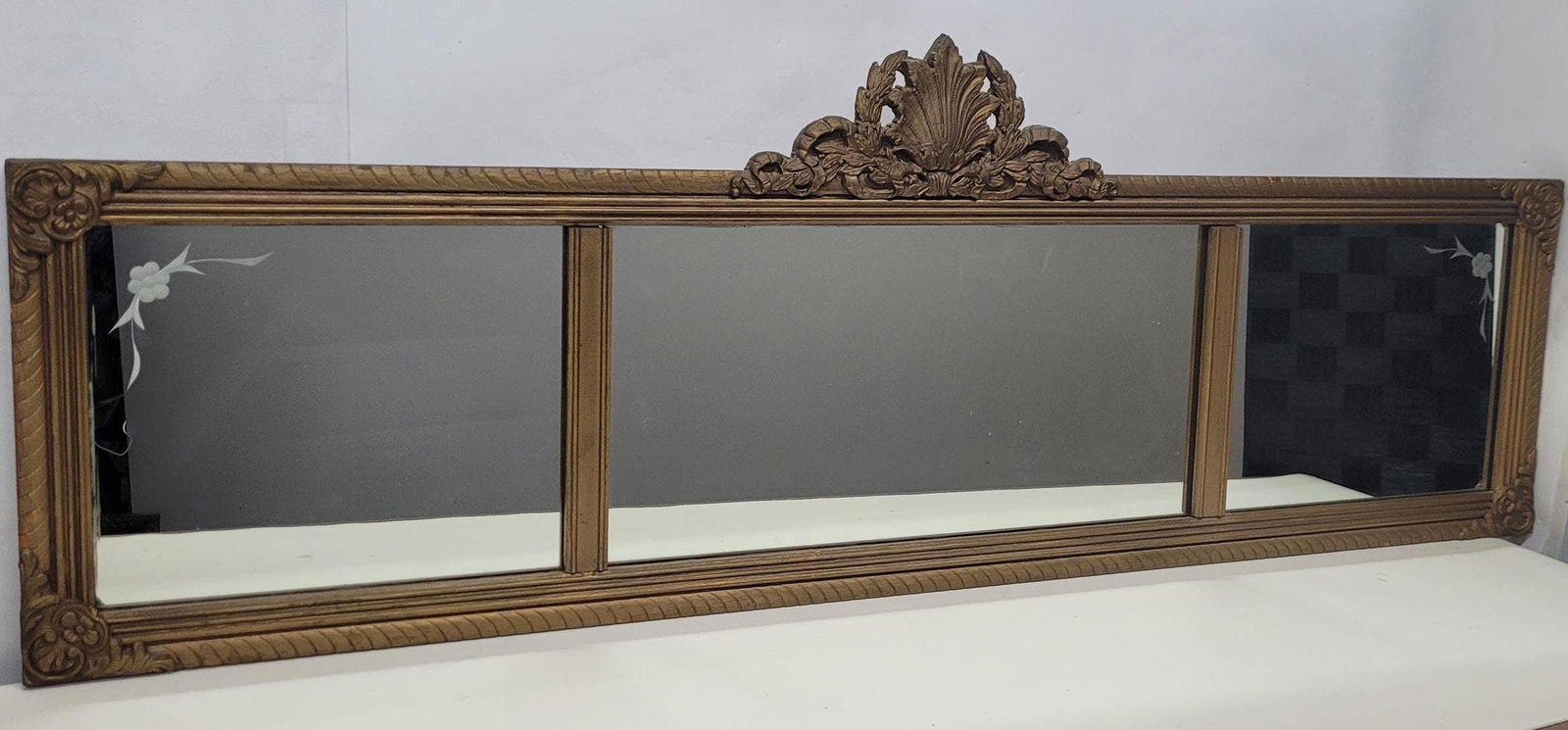 Vintage 3 panel wood wall mirror, Colonial Revival, early mid-century American, 48 inch: Title: Vintage 3 panel wood wall mirror, Colonial Revival, early mid-century American, 48 inch Description: Vintage from the 1920s Materials: wood, glass Width: 48 inches Height: 17 inches Depth: 1